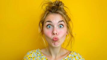 Young woman making funny face on yellow background, copy space photo