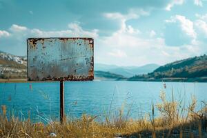 Empty metal old sign by the lake, copy space photo