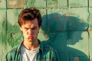 Angry man in front of the green wall. Portrait of young furious man, copy space. photo