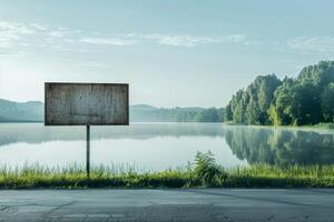 Empty metal old sign by the lake, copy space photo