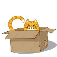 Ginger tabby cat sitting in a box. Tail and head peeking out of the box vector