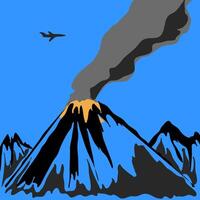 Simple fan image of volcanic eruption and airplane from above vector