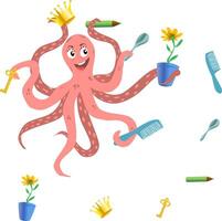 Funny Octopus boy Character Grabbed A Lot Of Objects. A Flower, A Crown, A Comb, A Spoon, A Key And A Caranjash As He Has Many Hands. illustration Pink octopus indulges in various household vector