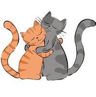 Illustration of two cats hugging. Gray and ginger cats drawing. vector