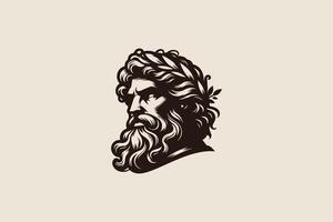 Zeus Face Logo Ancient God from Greek Mythology Man Beard Laurel Headband Illustration Brand Identity. vector