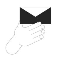 Holding closed envelope cartoon human hand outline illustration. Communication via paper letters 2D isolated black and white image. Sending message by mail editable flat color clipart vector