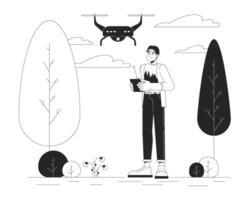 Korean man with drone in park black and white cartoon flat illustration. Asian guy controlling quadcopter 2D lineart character isolated. UAV technology daily life monochrome scene outline image vector