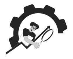 Hispanic data analyst black and white 2D line cartoon character. Man with magnifying glass in gear isolated outline person. Business analytics technology monochromatic flat spot illustration vector