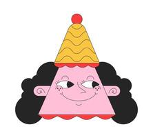 Triangle woman funny hat 2D linear avatar illustration. Mischievous smiling female cartoon character face. Triangular head portrait. Smirk pleased lady flat color user profile image isolated vector