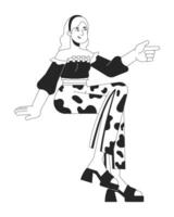 Blonde woman pointing aside black and white 2D line cartoon character. Pretty female showing right direction isolated outline person. Flirting by gesture monochromatic flat spot illustration vector