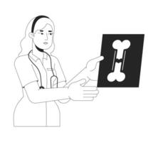 Female doctor holding x ray image black and white 2D line cartoon character. Traumatologist examining broken bone isolated outline person. Traumatology monochromatic flat spot illustration vector