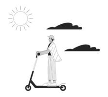 joven hombre montando patada scooter en soleado día negro y blanco 2d línea dibujos animados personaje. indio masculino disfrutando fin de semana aislado contorno persona. estilo de vida monocromo plano Mancha ilustración vector