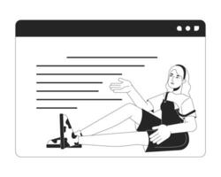 Woman pointing on website text block black and white 2D line cartoon character. Female software developer isolated outline person. Programs designing monochromatic flat spot illustration vector