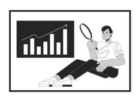 Man analyzing business data black and white 2D line cartoon character. Marketing specialist studying diagram isolated outline person. Business statistics monochromatic flat spot illustration vector