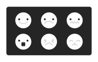 Emojis expressing different feelings black and white 2D line cartoon object. Emotions on small faces isolated outline items collection. Communication online monochromatic flat spot illustration vector