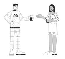 Diverse friends talking at party black and white 2D line cartoon characters. Young man and woman holding drinks isolated outline people. Informal event monochromatic flat spot illustration vector