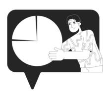 Man shows data analytics chart black and white 2D line cartoon character. Asian marketer in speech bubble isolated outline person. Digital information study monochromatic flat spot illustration vector