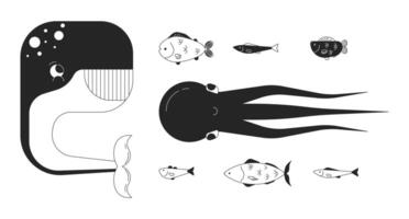 Deep sea creatures black and white 2D line cartoon characters set. Saltwater habitats isolated outline personages. Wildlife researching monochromatic flat spot illustrations collection vector