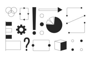 Analysis geometric abstract black and white 2D line cartoon objects set. Analysis graph pie chart isolated outline items collection. Choice decision-making monochromatic flat spot illustrations vector