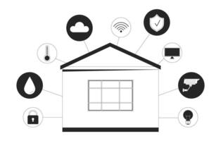 Smart home controls black and white 2D illustration concept. Security, thermostat, cloud technology cartoon outline object isolated on white. Automate connected devices metaphor monochrome art vector