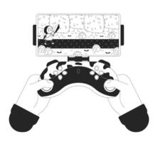 Cell phone gaming joystick black and white cartoon flat illustration. Mobile controller for gamer 2D lineart hands isolated. game arcade adventure smartphone monochrome scene outline image vector