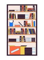 Bookcase filled with folders and boxes 2D linear cartoon object. Office shelving unite with supplies isolated line element white background. Interior design color flat spot illustration vector