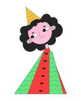 Unhappy girl in watermelon dress 2D linear cartoon character. Disappointed young woman isolated line personage white background. Depressed teen birthday hat color flat spot illustration vector