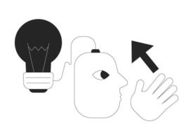 Innovative ideas generating black and white 2D line cartoon character. Head with connected lightbulb isolated outline personage. Development technology monochromatic flat spot illustration vector