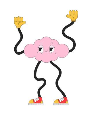 Groovy cloud with wavy arms and legs 2D linear cartoon character. Weather mascot dancing isolated line personage white background. Trendy retro shape smiling color flat spot illustration
