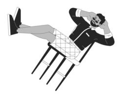 despreocupado hombre equilibrio en silla negro y blanco 2d línea dibujos animados personaje. negro chico descansando aislado contorno persona. disfrutando gratis hora y pereza monocromo plano Mancha ilustración vector