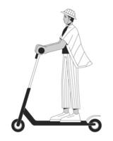 Indian man riding kick scooter black and white 2D line cartoon character. Young male choosing eco friendly vehicle isolated outline person. Sustainability monochromatic flat spot illustration vector