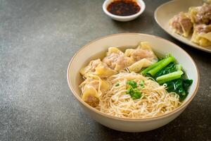 egg noodles with pork wonton soup or pork dumplings soup and vegetable photo