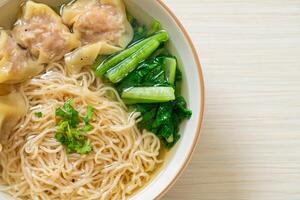 egg noodles with pork wonton soup or pork dumplings soup and vegetable photo
