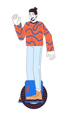 Happy guy riding electric unicycle scooter 2D linear cartoon character. Caucasian male isolated line person white background. Gadget man greeting gesture color flat spot illustration