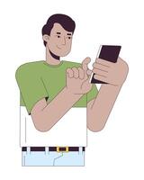 Happy indian man touching phone 2D linear cartoon character. South asian male using smartphone isolated line person white background. Guy on cellphone texting color flat spot illustration vector