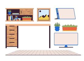 Graphic designer gadgets furniture 2D linear cartoon objects set. Home office accessories isolated line elements white background. Workspace decor color flat spot illustration collection vector