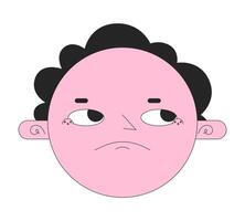 Round face disappointed 2D linear avatar illustration. Annoyed rolling eyes cartoon character face. Sarcastic displeased portrait. Upset irritated flat color user profile image isolated vector