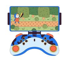 Arcade game on smartphone gamepad 2D linear cartoon object. Cellphone gaming joystick isolated line element white background. Adventure game knight with sword color flat spot illustration vector