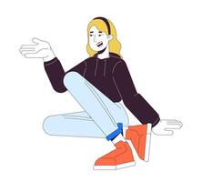 Sitting woman gesturing actively 2D linear cartoon character. Caucasian blonde female isolated line person white background. Suggestion gesture european girl color flat spot illustration vector