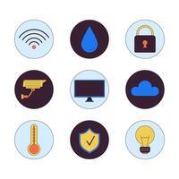 Smart devices at home 2D linear cartoon icons set. Wireless house controls isolated line elements white background. Internet of things technology color flat spot illustration collection vector