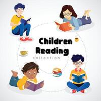 conjunto niños leyendo libro en varios poses para Decorar vector