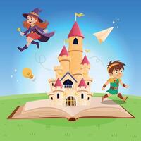 mundo libro día abierto leer libro fantasía niños castillo idea imaginación contento dibujos animados antecedentes diseño vector