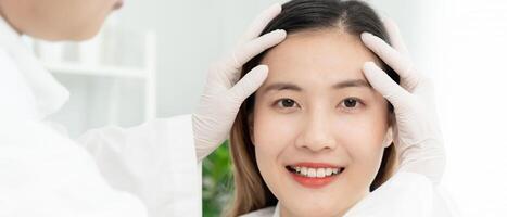 beauty asian smile and happy after surgery, Cosmetic surgery, skin whitening injection, filler injection, Skin reface, beautiful Asian girls receive beauty treatments at beauty clinic, skincare photo