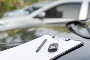 lease, rental car, sell, buy. contract and car keys to new owner to sign. Sales, loan credit financial, rent vehicle, insurance, renting, Seller, dealer, installment, car care business photo