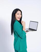 Portrait of young Asian business woman on white background photo