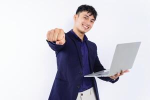 Photo of young Asian businessman on white background