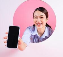 Photo of young Asian woman on background