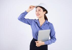 Photo of young Asian businesswoman on white background