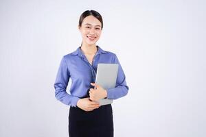 Photo of young Asian businesswoman on white background