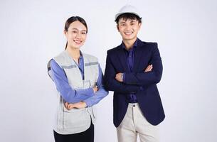 Photo of two young Asian business people on white background